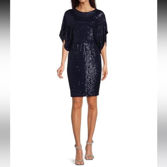 Marina Allover Sequin Boat Neck Dolman Sleeve Blouson Sheath Dress Sz 4 $139 - Picture 1 of 6